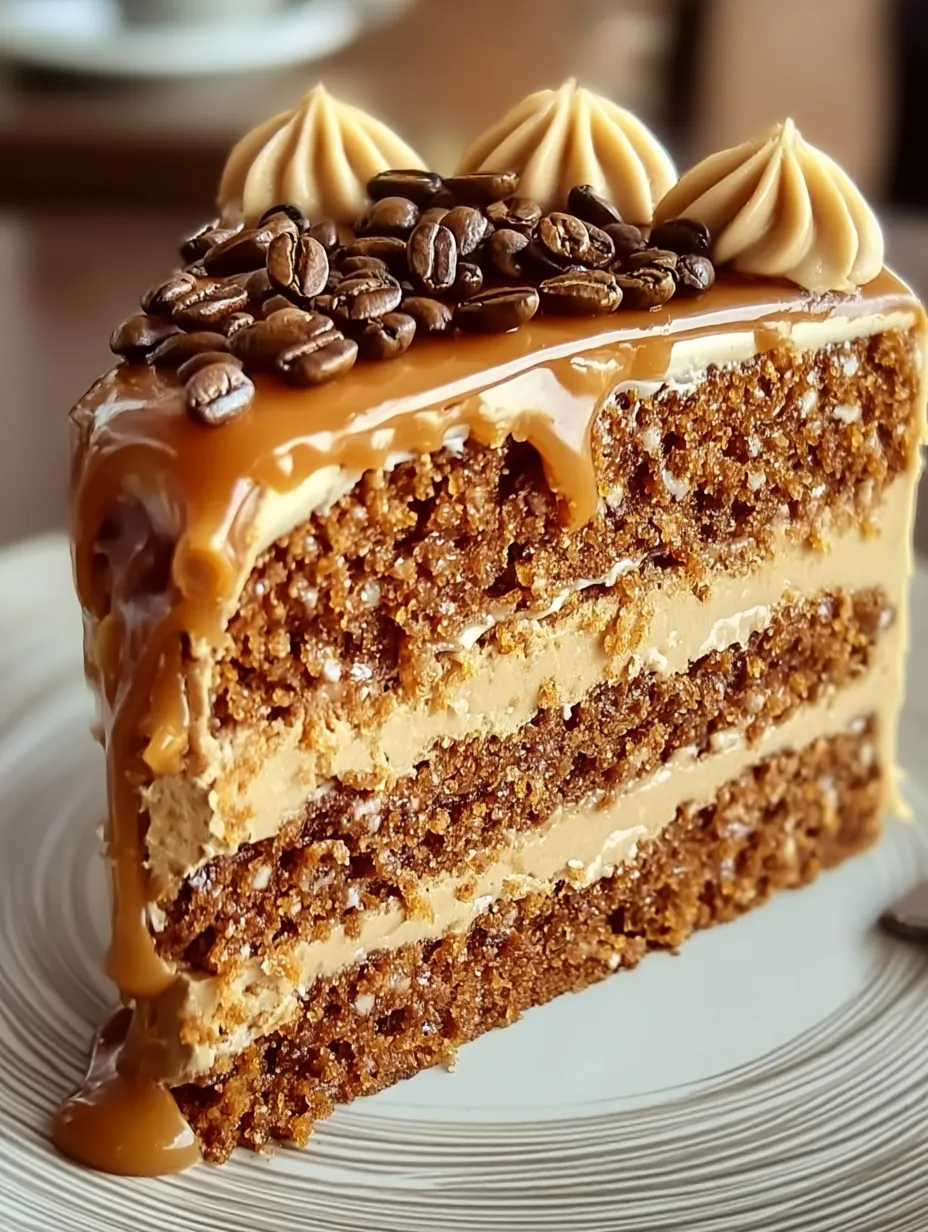 Ein Stück Kuchen mit Karamell darüber geträufelt.