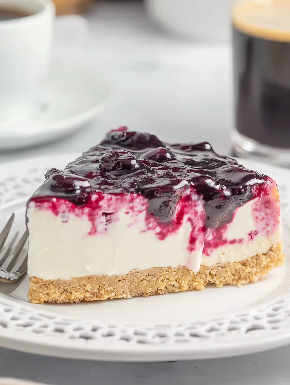 Ein Stück Blaubeerkäsekuchen auf einem Teller.