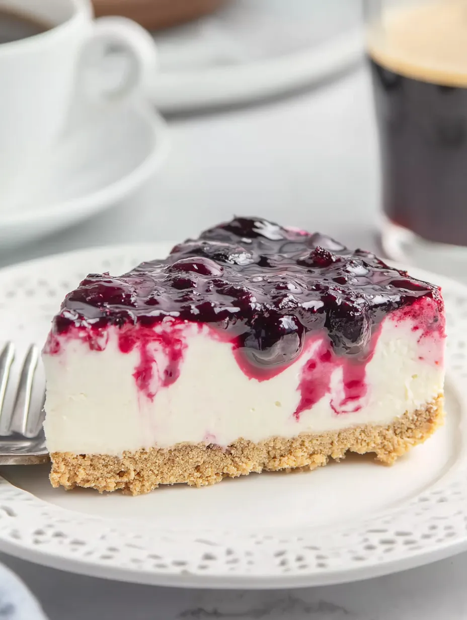 Ein Stück Blaubeerkäsekuchen auf einem Teller.