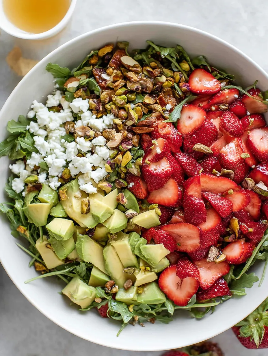 Eine Schüssel Obstsalat mit Erdbeeren, Avocado und Nüssen.