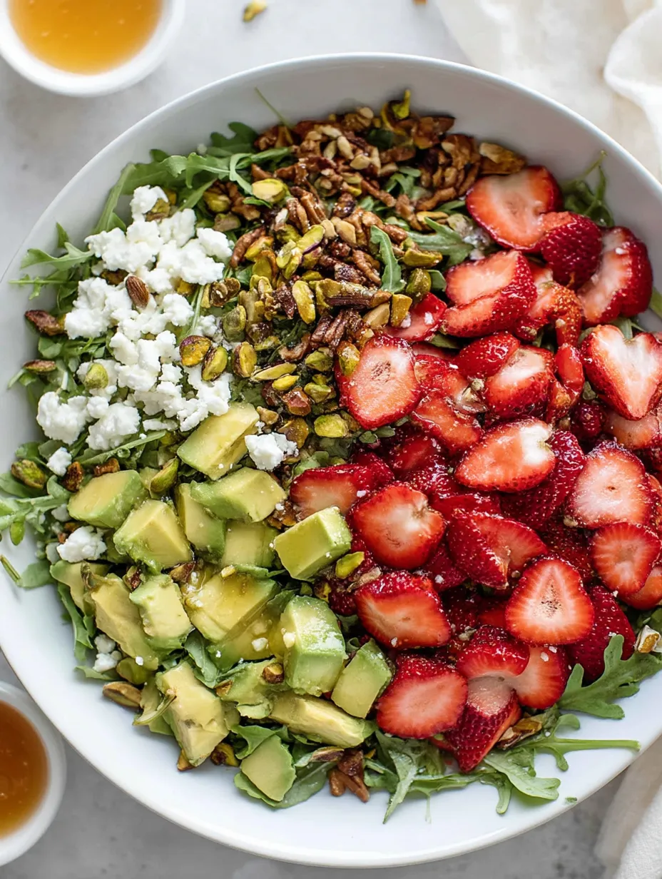 Eine Schüssel Obstsalat mit Erdbeeren, Avocado und Feta-Käse.
