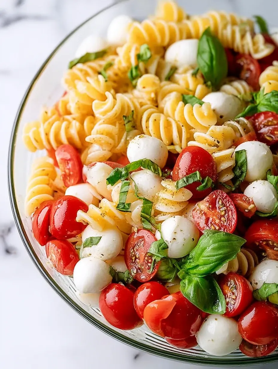 Eine Schüssel Nudeln mit Tomaten und Basilikum.