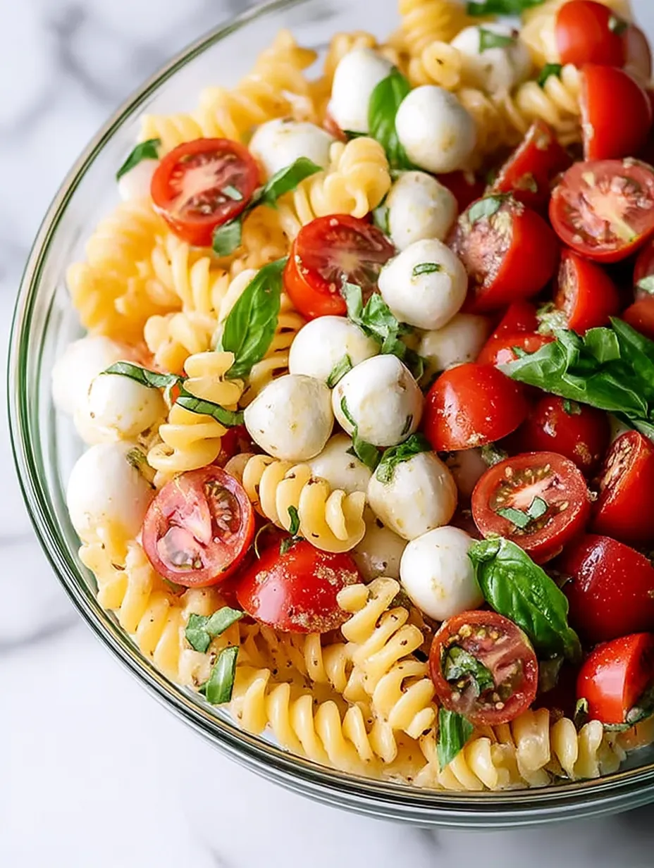 Eine Schüssel Nudeln mit Tomaten und Basilikum.