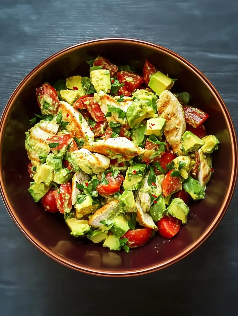 Eine Schüssel mit Hähnchen-Avocado-Salat.