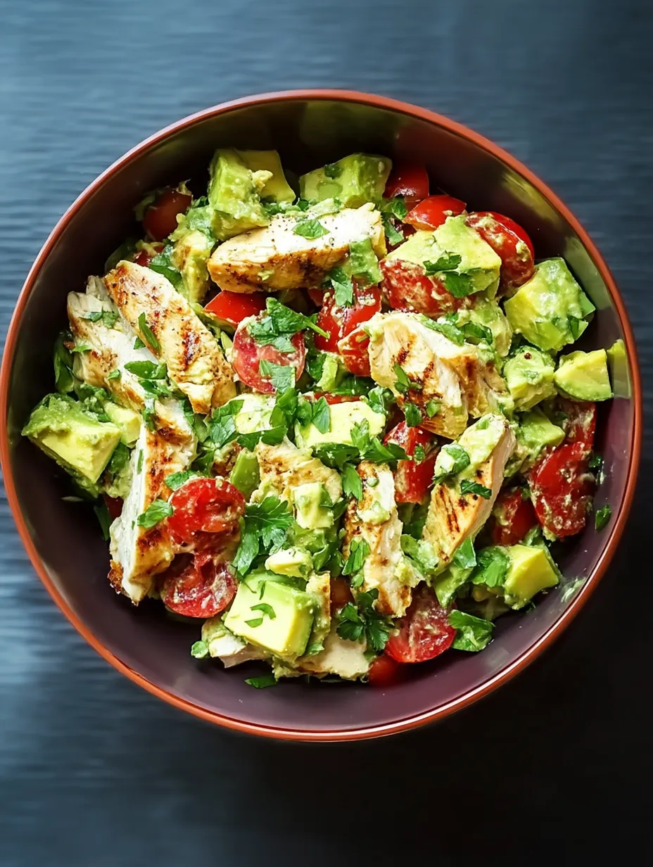 Eine Schüssel mit Hähnchen, Tomaten und Avocado.