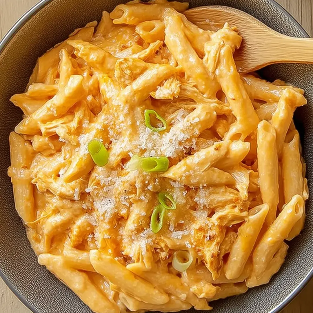 Eine Schüssel mit Pasta, Huhn und Käse.