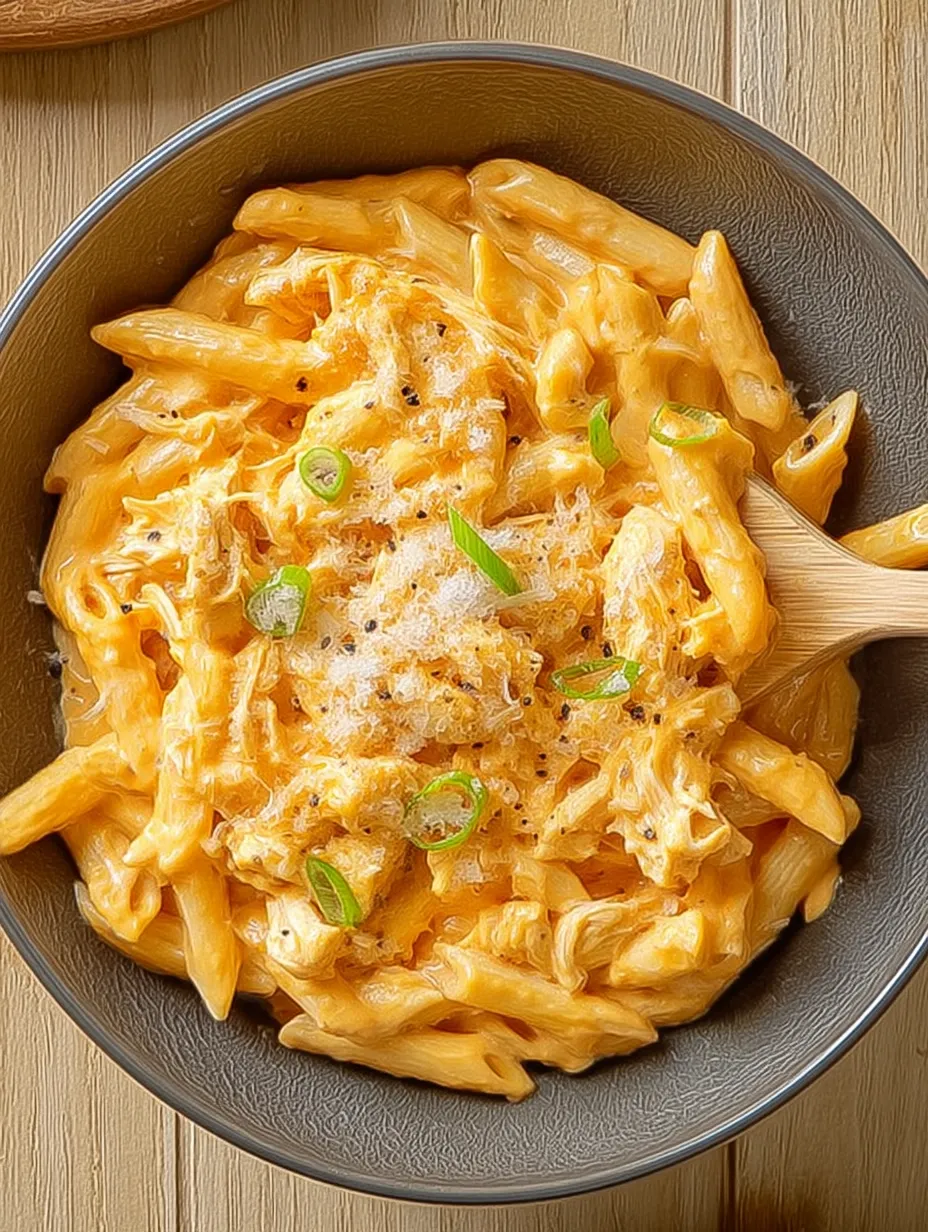 Eine Schüssel Pasta mit Hähnchen und Käse.