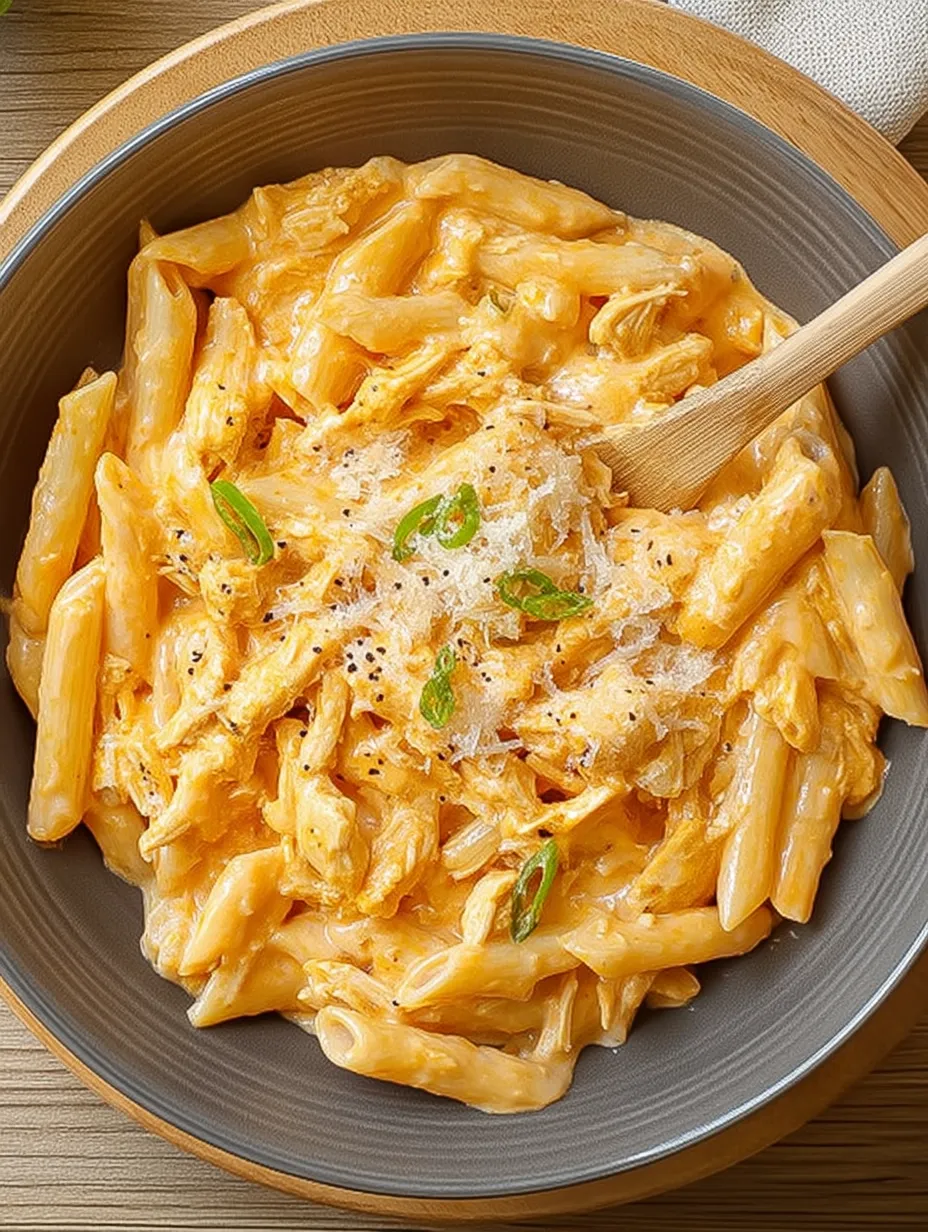 Eine Schüssel Pasta mit Hähnchen und Käse.
