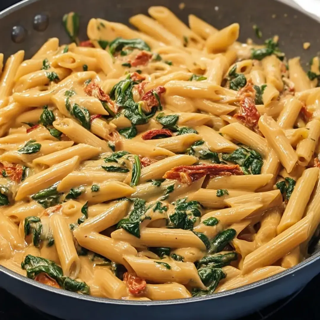 Eine Pfanne Pasta mit Spinat und Tomaten.