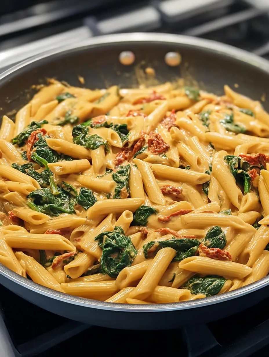 Eine Pfanne mit Nudeln in Spinat-Tomaten-Soße.