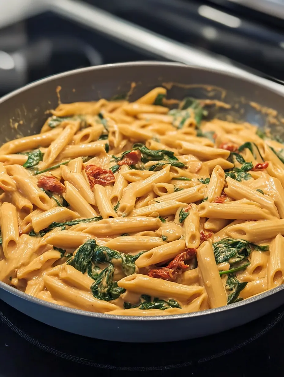 Eine Pfanne mit Nudeln, Spinat und Tomaten.