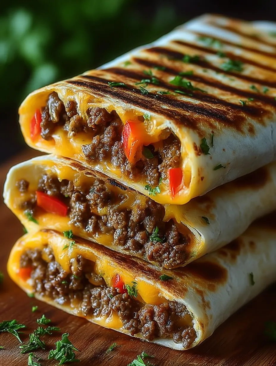 Ein Stapel von drei Burritos mit Fleisch und Käse.