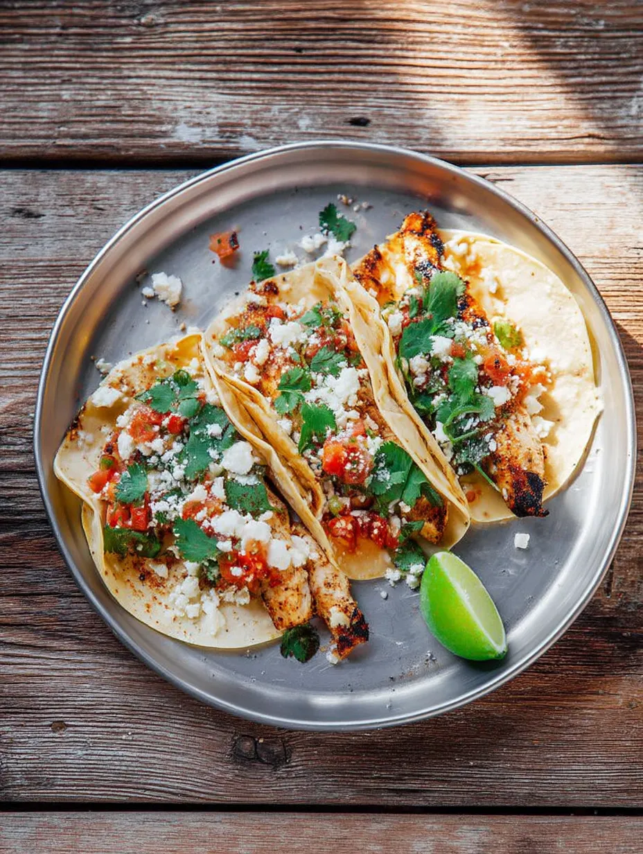 Ein Teller mit Hähnchen und Tacos.