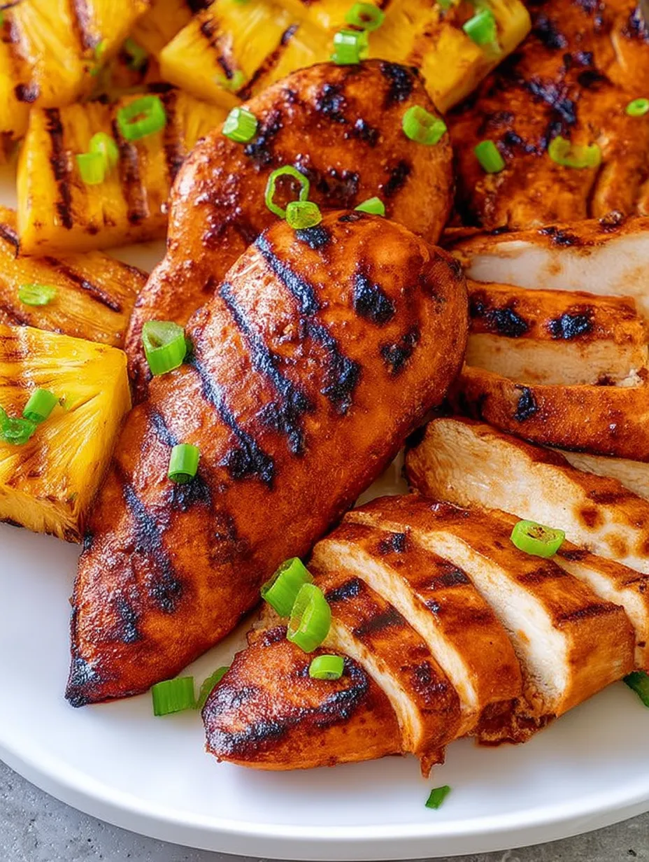 Ein Teller mit gegrilltem Hähnchen und Frühlingszwiebeln.