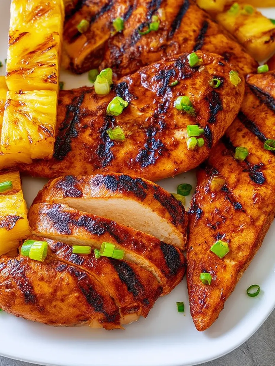 Ein Teller mit Essen, Ananas und Fleisch.