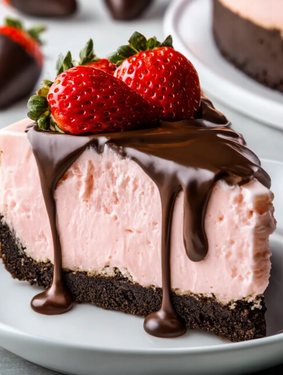Ein Stück Kuchen mit Schokoladensoße und Erdbeeren obendrauf.