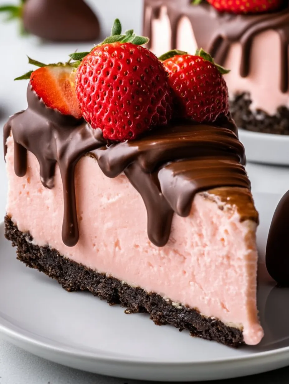 Ein Stück rosa Kuchen mit Schokoladensoße und Erdbeeren obendrauf.