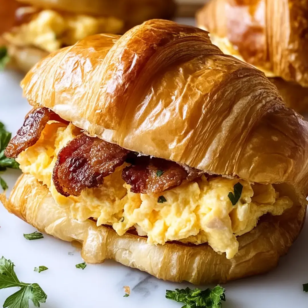 Ein Croissant-Sandwich mit Bacon und Ei.
