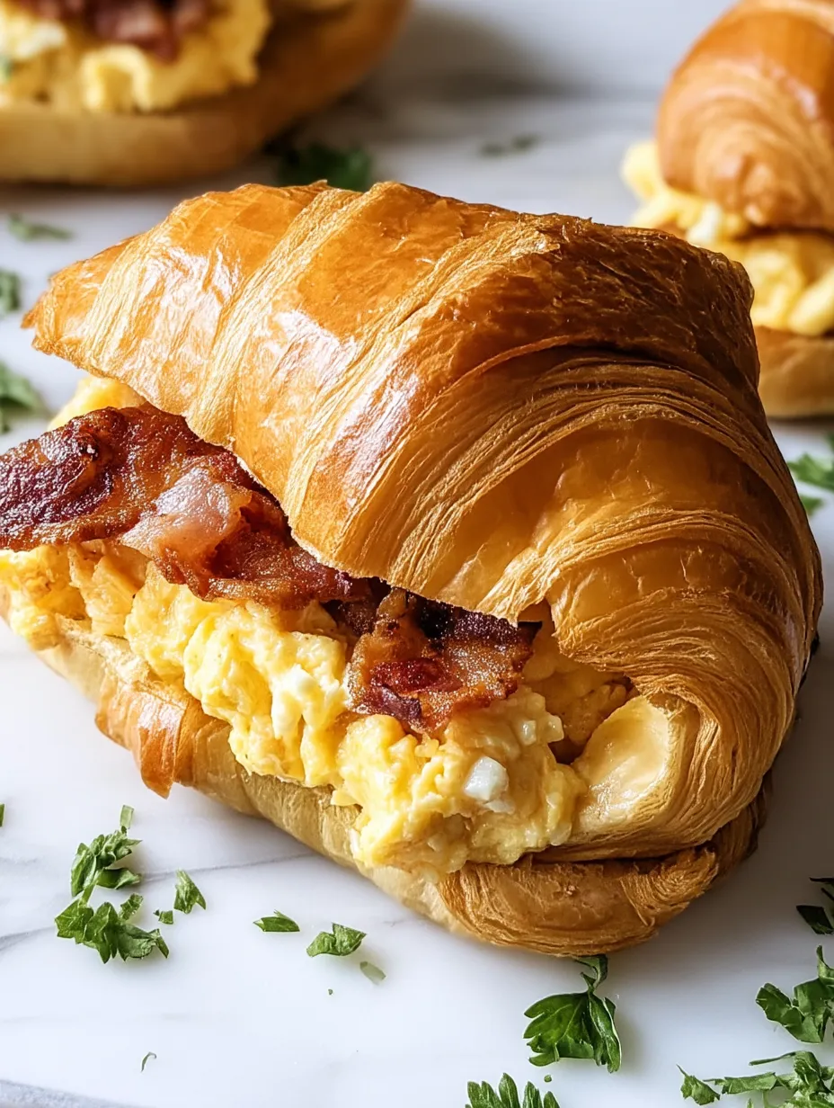 Ein Croissant-Sandwich mit Speck und Eifüllung.