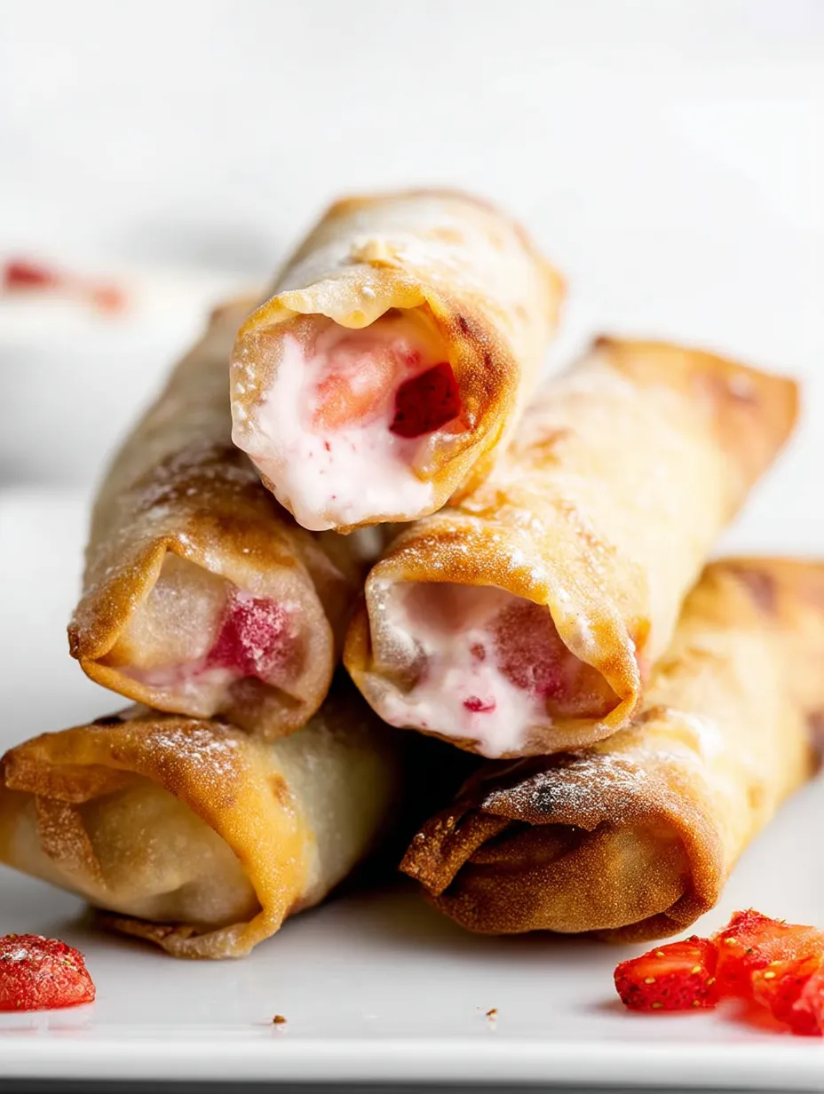 Ein Teller mit Erdbeer-Käsekuchen-Rollen und roter Sauce.