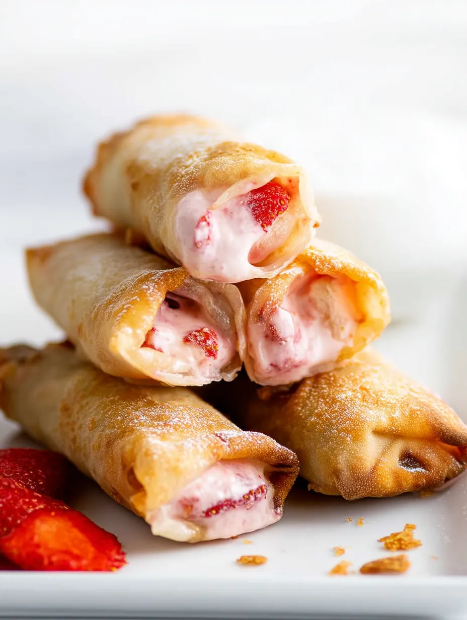 Ein Stapel Erdbeer-Käsekuchen-Rollen mit Sahne.