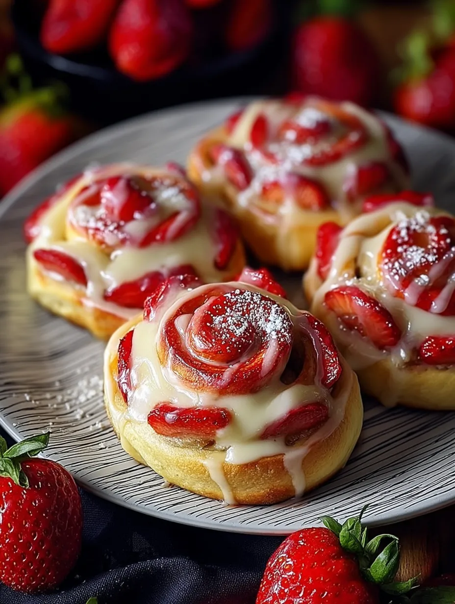 Drei Gebäckstücke mit Erdbeeren obendrauf.