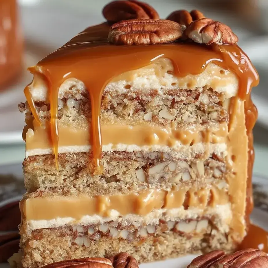 Ein Stück Torte mit Karamell darüber.