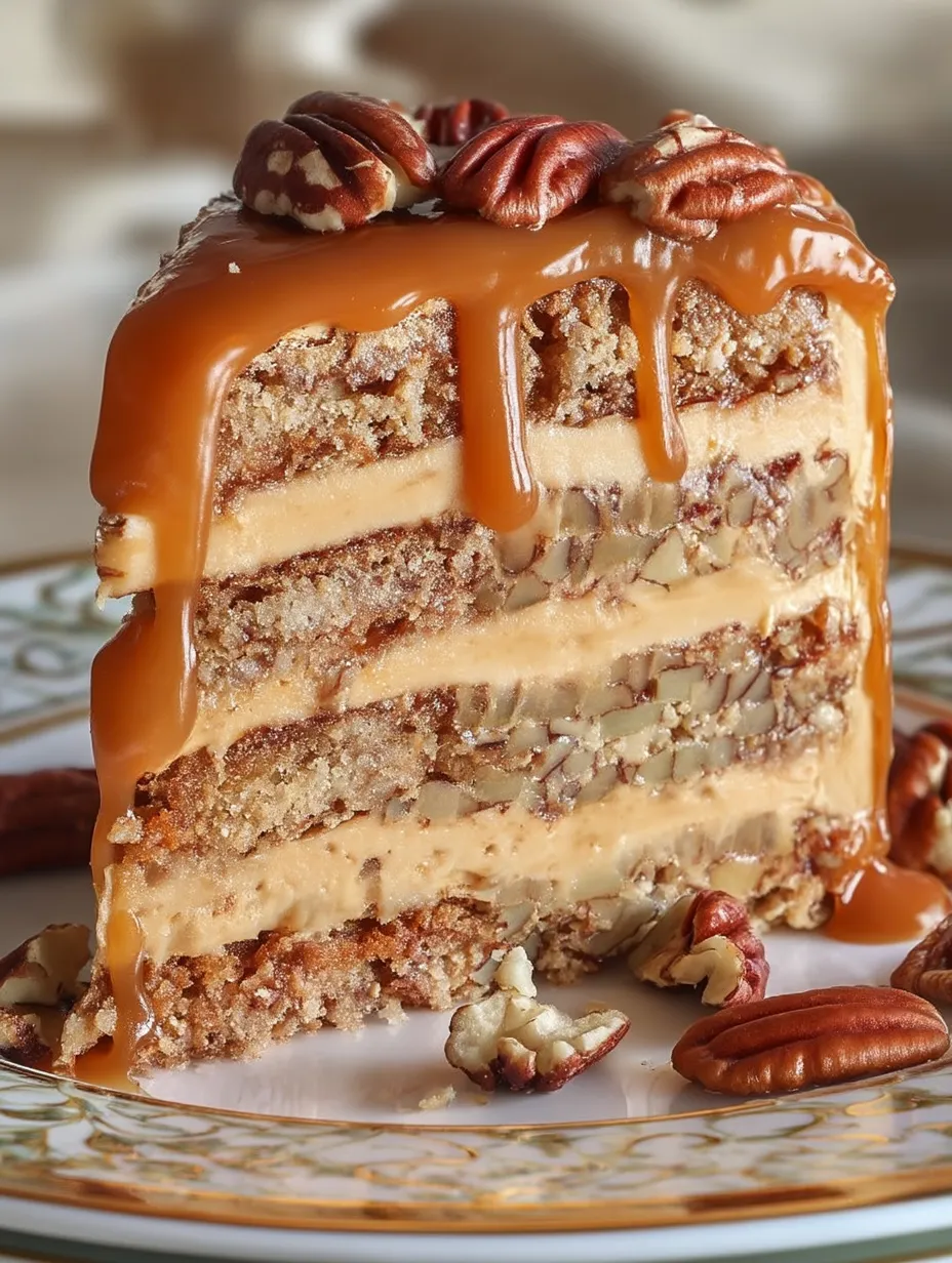 Ein Stück Kuchen mit Pekannüssen und Karamell.