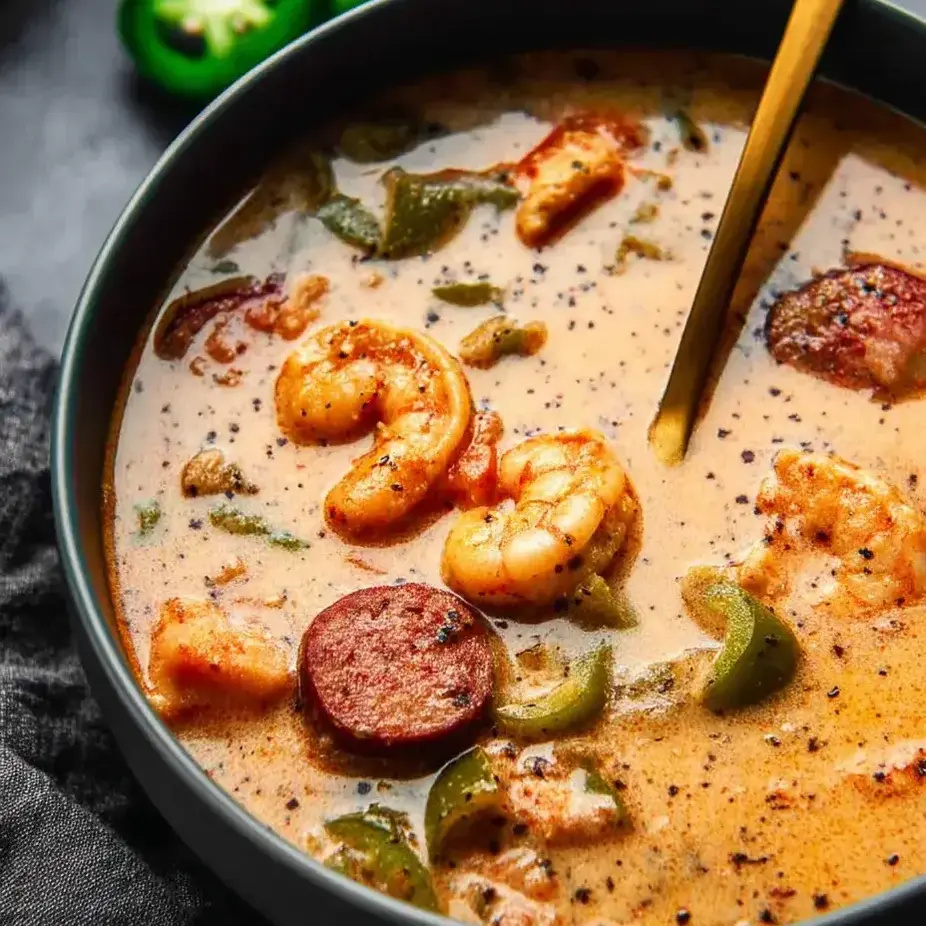 Eine Schale Suppe mit Garnelen und Paprika.