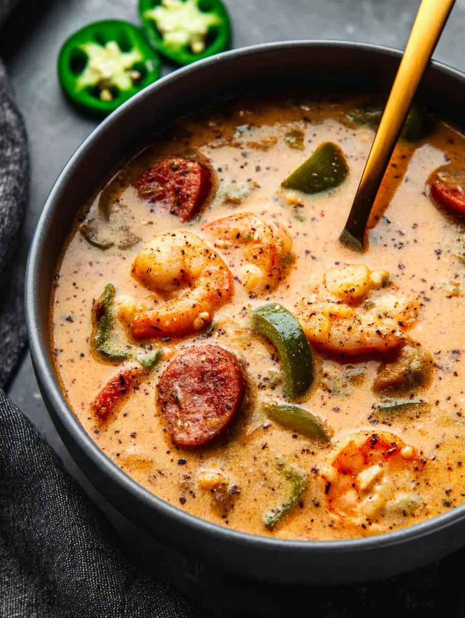 Eine Schüssel Suppe mit Garnelen und Paprika.