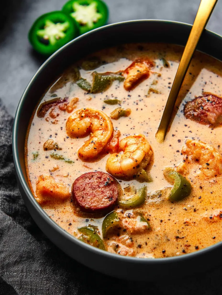 Eine Schüssel Suppe mit Garnelen und Wurst.