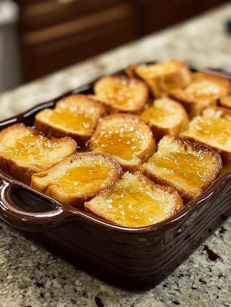 Eine braune Auflaufform mit French Toast und Karamellsoße.