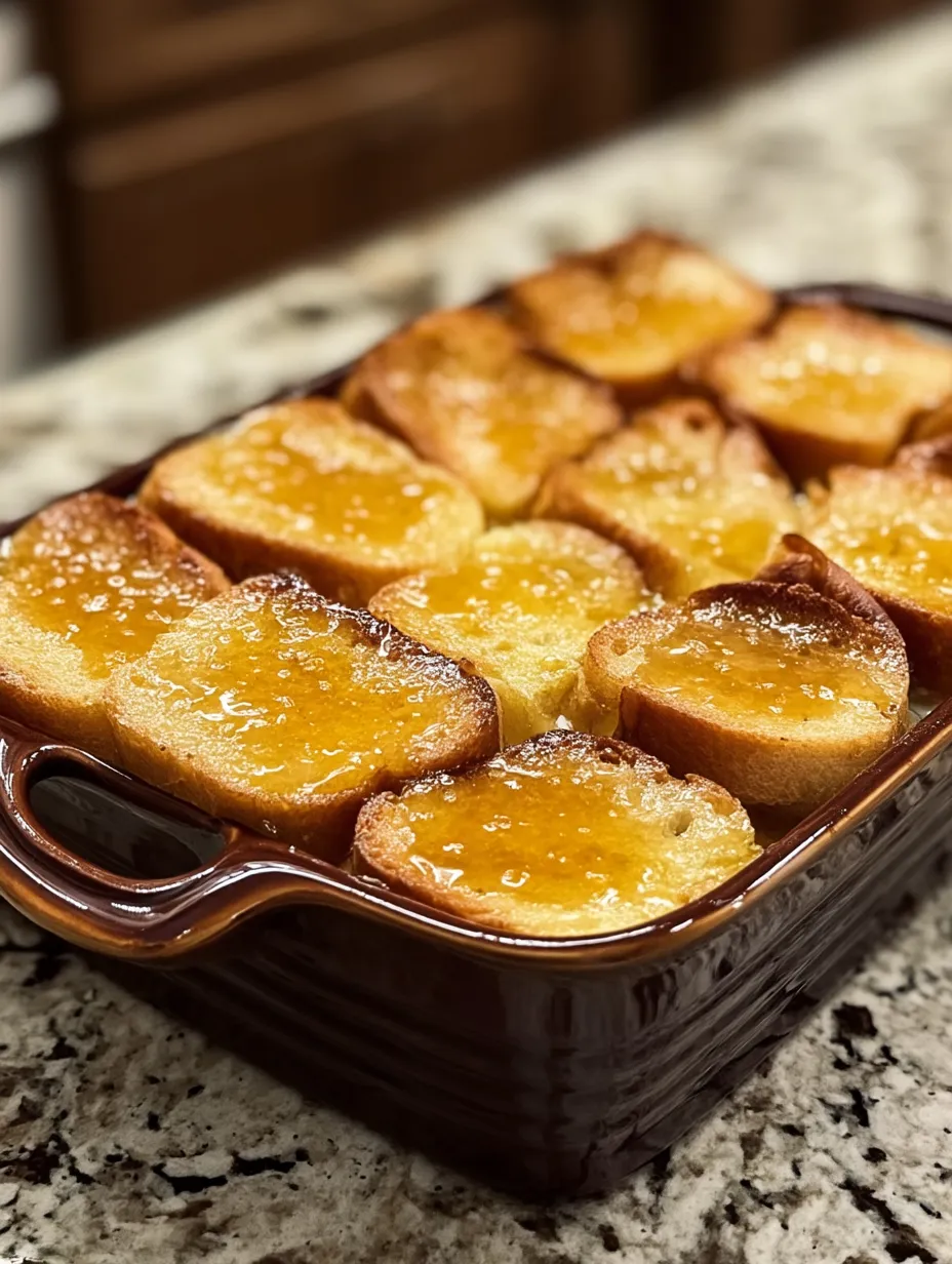 Eine Auflaufform mit French Toast und Karamellsauce.