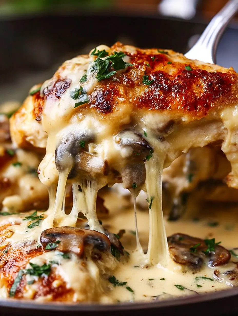 Ein Stück Hähnchen mit Pilzen und Käse.
