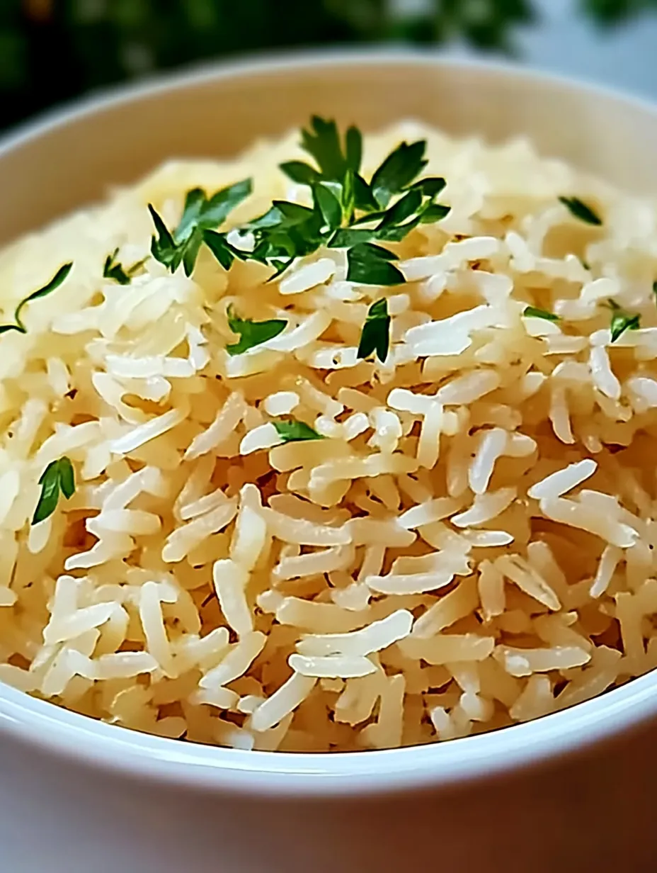 Eine Schüssel Reis mit einem grünen Kraut obendrauf.