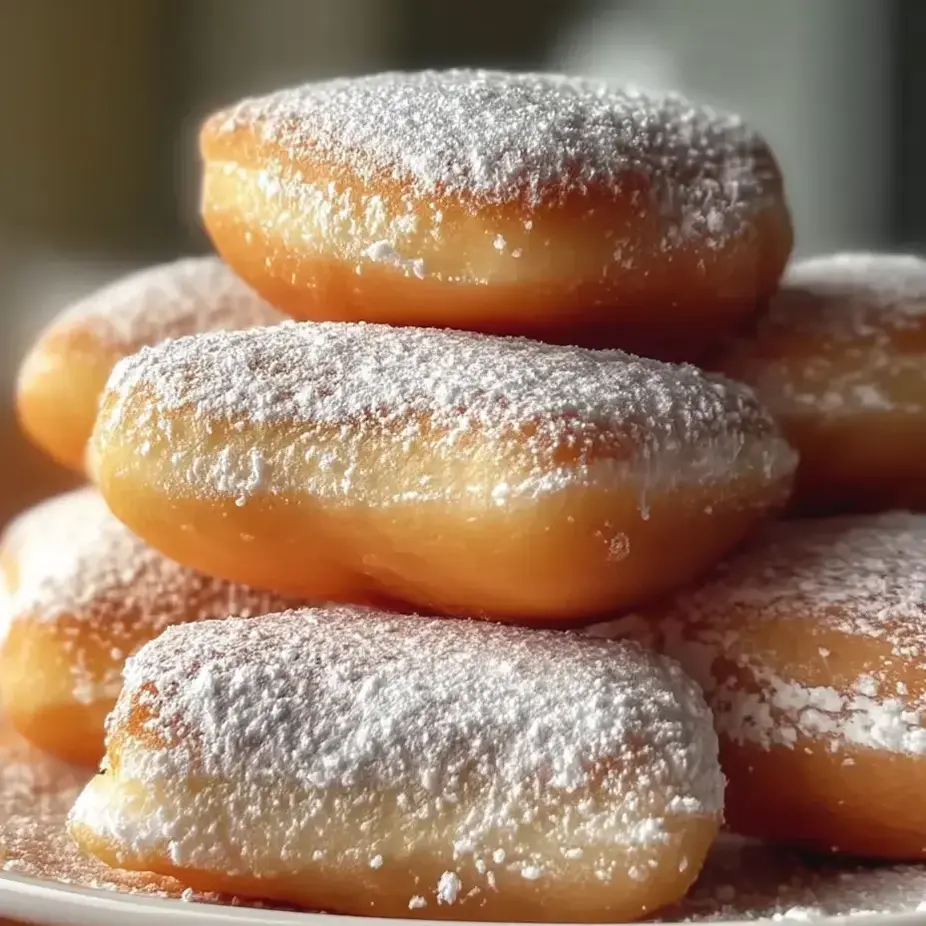 Ein Stapel mit Puderzucker bestäubter Donuts.