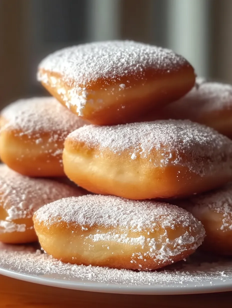 Ein Stapel mit Puderzucker bestäubter Krapfen.