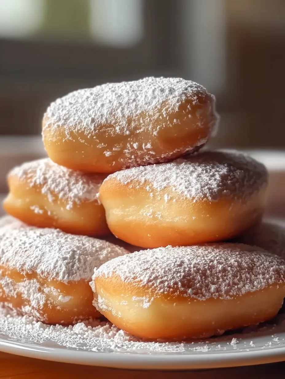 Mit Puderzucker bestäubte Krapfen auf einem Teller gestapelt.