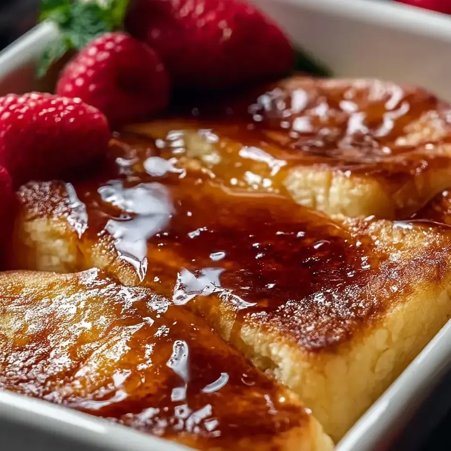 Eine Schüssel mit Toast, Erdbeeren und Sauce.