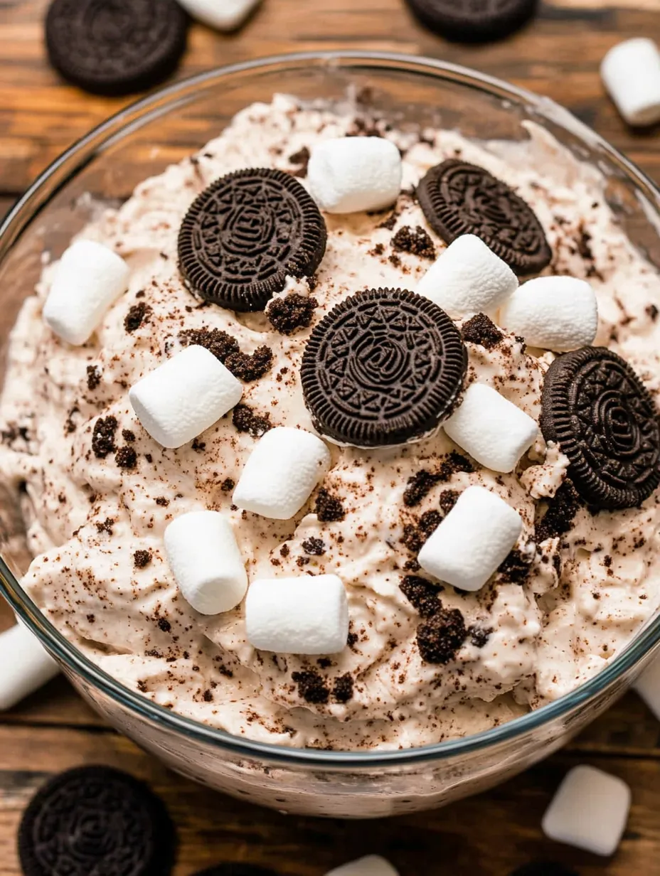Eine Schüssel Dessert mit Marshmallows und Oreo-Keksen.