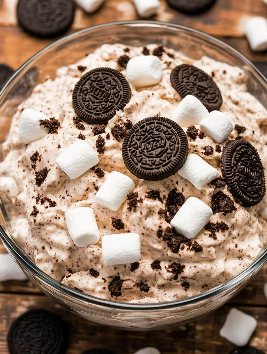 Eine Schüssel Dessert mit Marshmallows und Oreo-Keksen.
