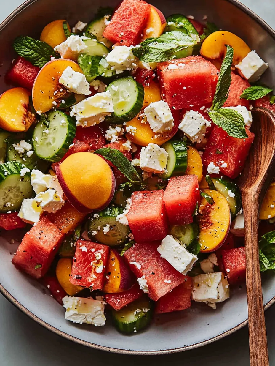 Eine Schüssel Obstsalat mit Wassermelone, Gurke und Feta-Käse.