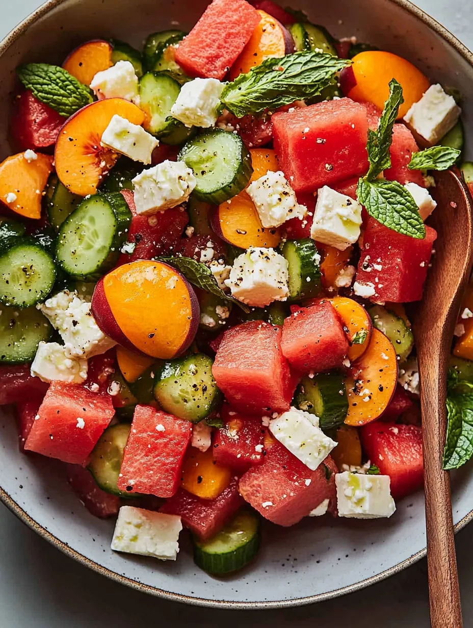 Eine Schüssel Obstsalat mit Wassermelone, Gurke und Feta-Käse.