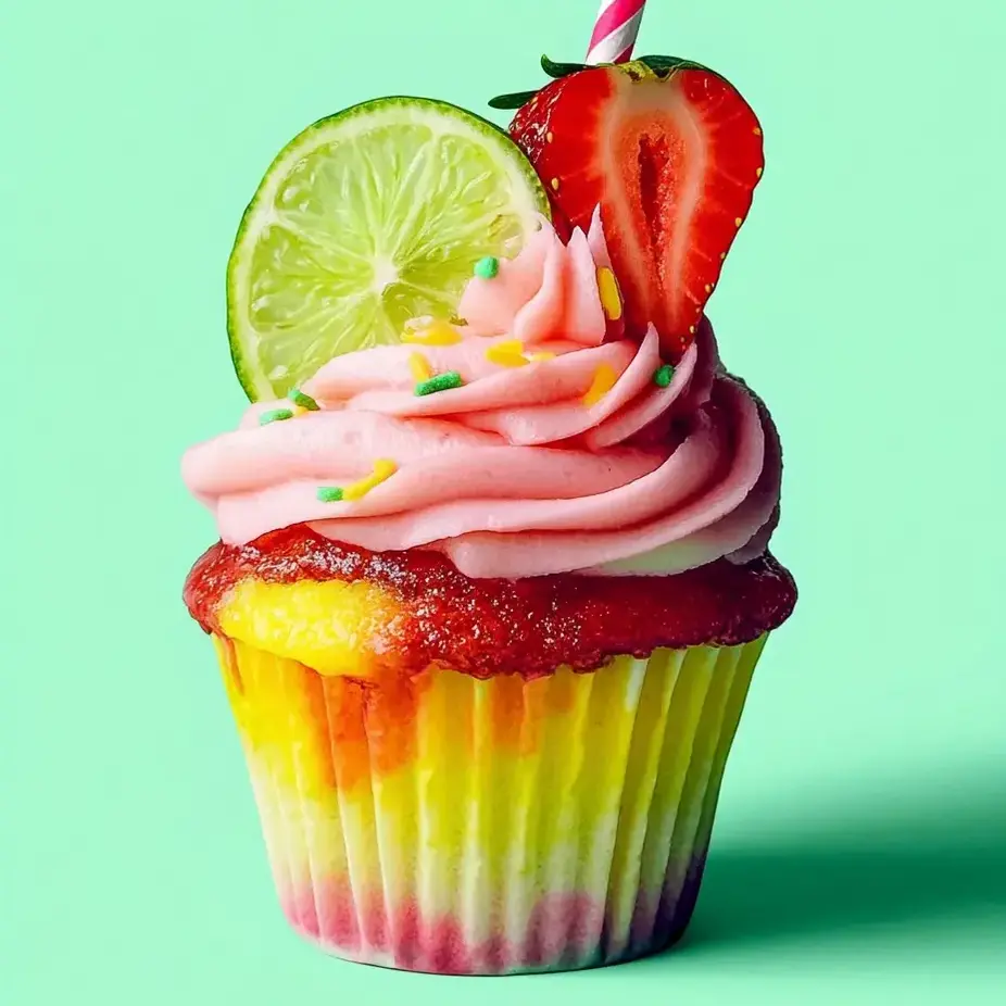 Ein Küchlein mit Limettenscheibe und Erdbeere obendrauf.