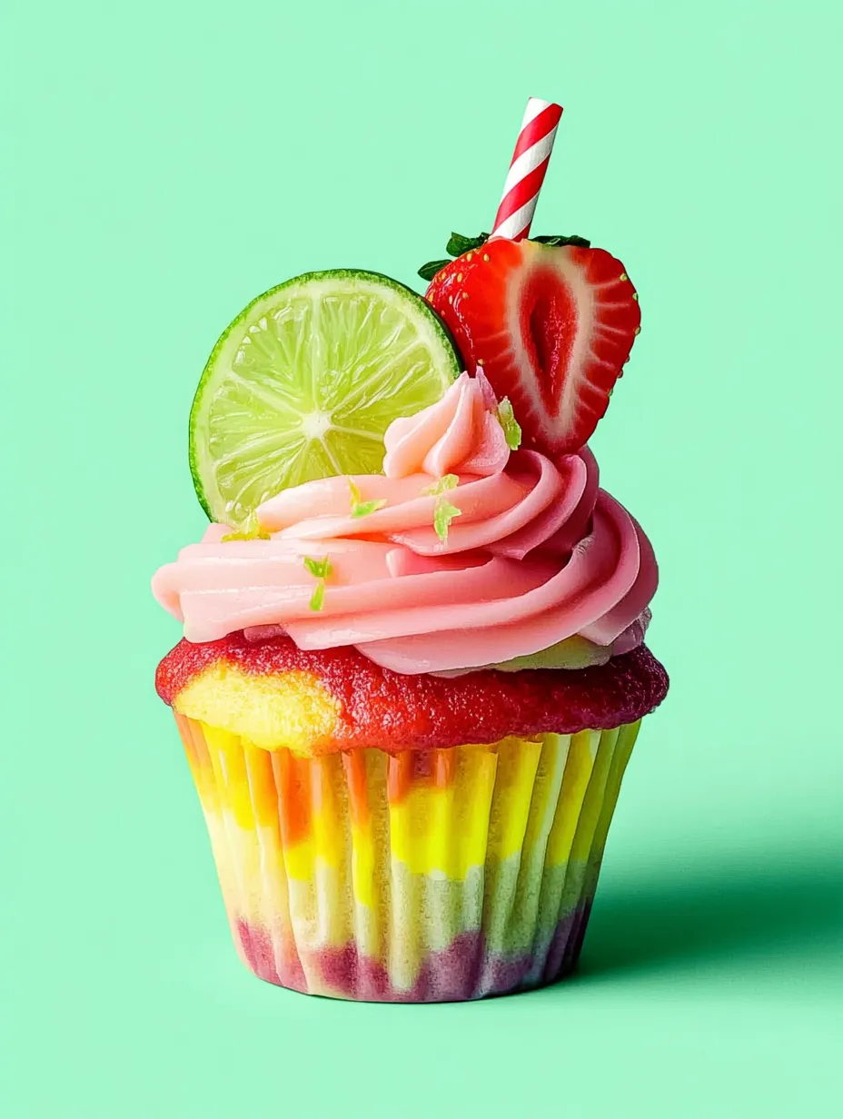 Ein Muffin mit einem Limettenschnitz und einer Erdbeere als Topping.
