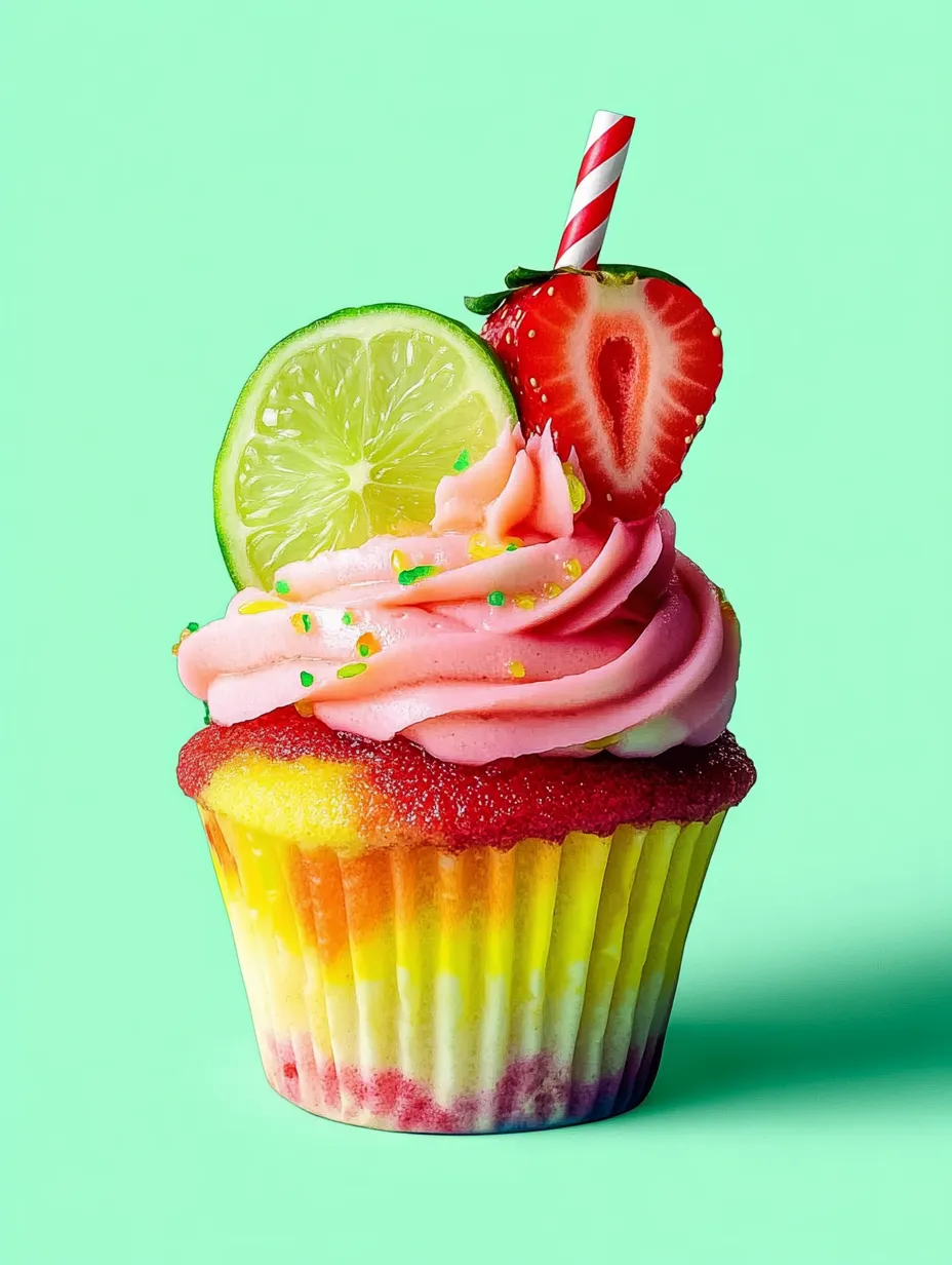Ein bunter Muffin mit einem Limettenschnitz, einer Erdbeere und einer Zitronenscheibe als Topping.