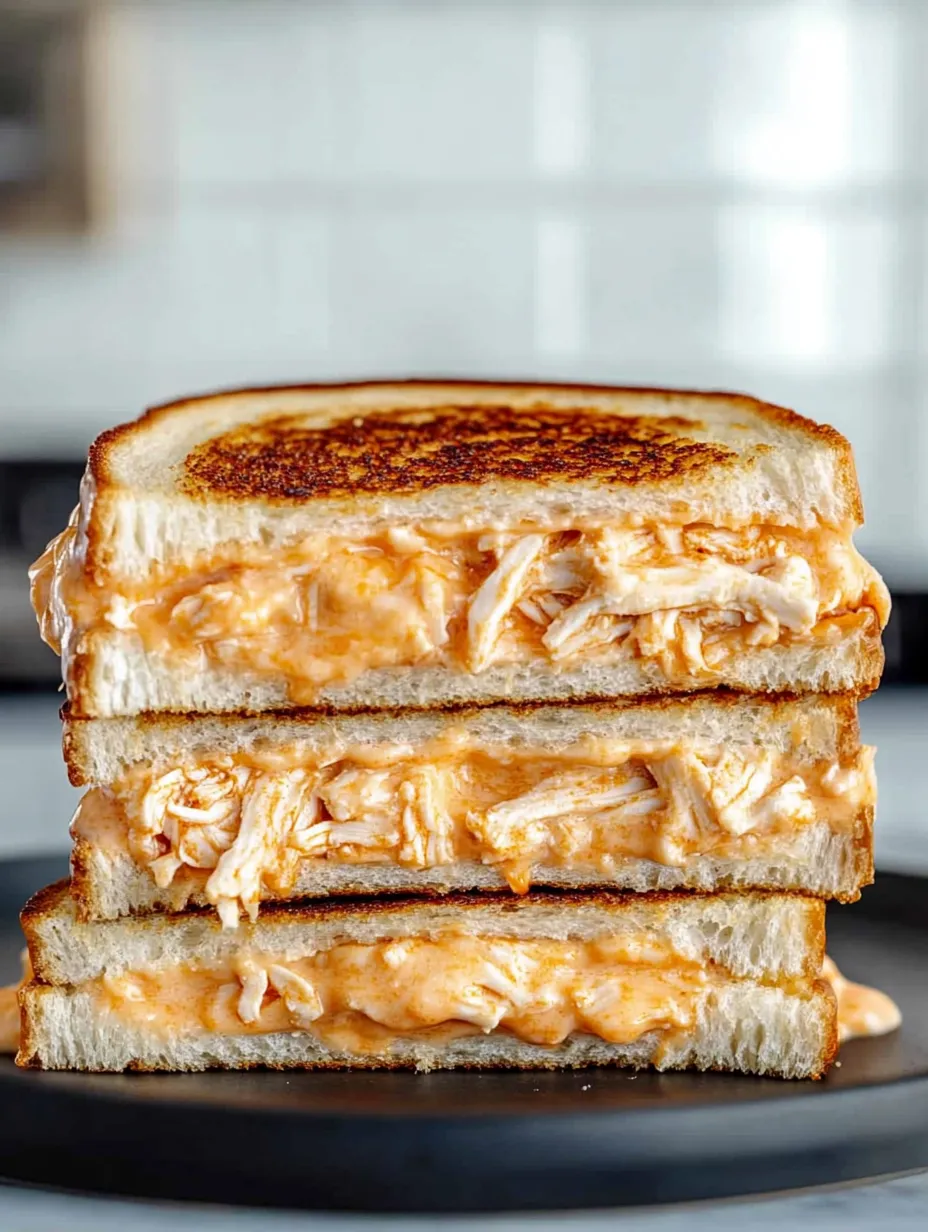 Ein Sandwich mit Hähnchen und Käse auf einem Teller.