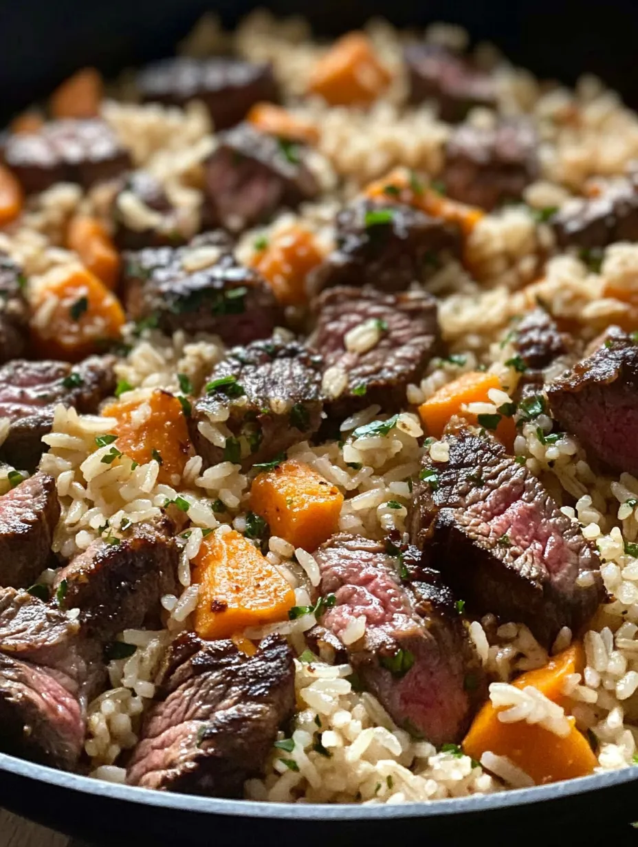 Ein Teller Reis mit Fleisch und Gemüse.