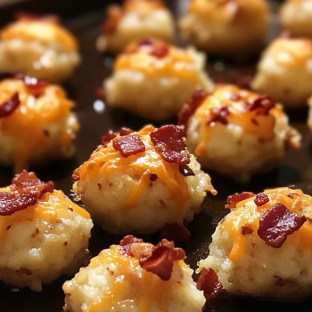 Käsebällchen umhüllt mit Speck auf einem schwarzen Tablett.