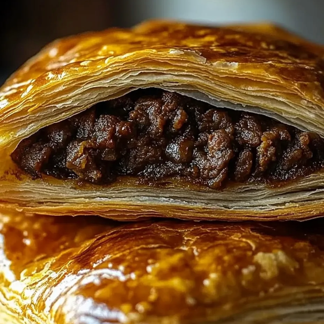 Eine Teigtasche mit Fleisch- und Gemüsefüllung.
